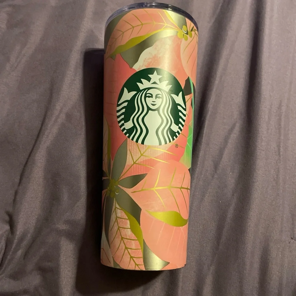 Starbucks Holiday 2020 Pink Poinsettia 24 oz Cold Cup Stainless Tumbler No Straw